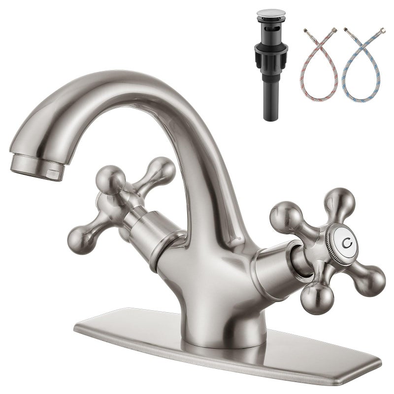 Aolemi Bathroom Sink Faucet Single Hole Cold and Hot Double Handle Cross Knobs Vanity Vessel Sink Basin Mixer Tap with Deck Cover Plate with Pop Up Drain Brushed Nickel - Image 1